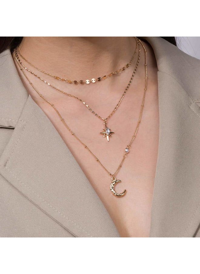 FXmimior Boho Simple Gold Moon and Star Sequins Layered Necklace Dainty Pearls Chain Moon Pendant Long Necklaces Jewelry for Women - Image 1