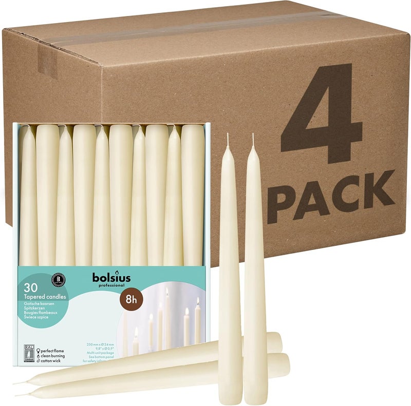 BOLSIUS Ivory Taper Candles - Bulk Case of 4 Packs = Total 120 Candles - 8 Hours - Premium European Quality - Consistent Smokeless Flame - Unscented Dripless Candlesticks - Image 1