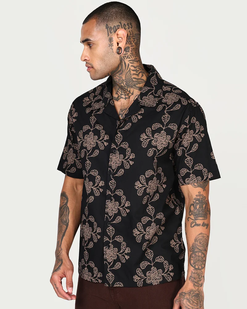 bewakoof  Men's Black All Over Printed Oversized Shirt  | Best Price UAE
