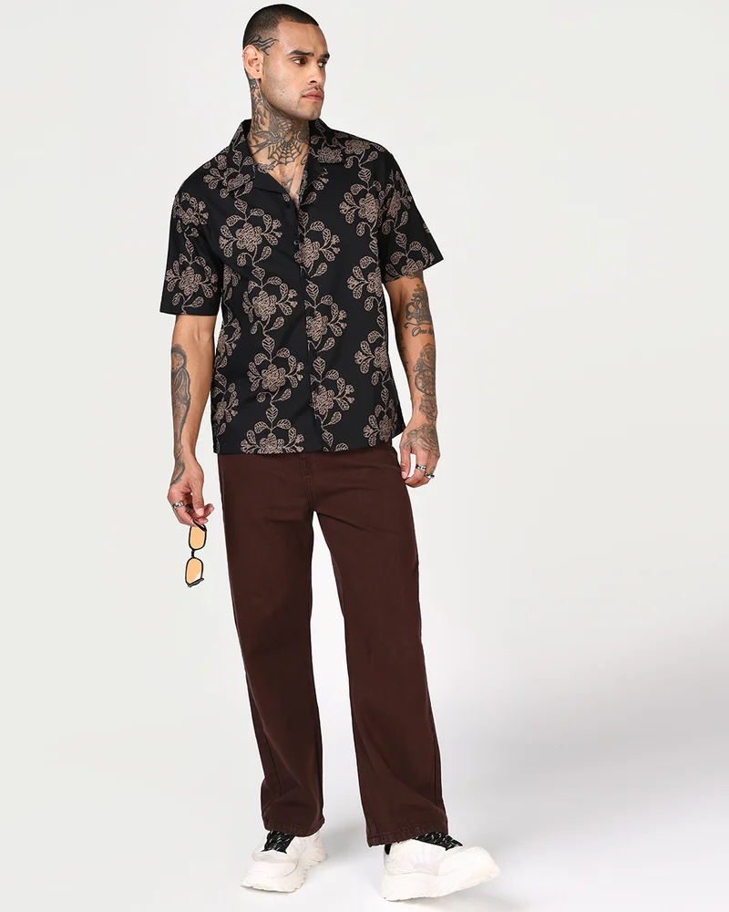 bewakoof  Men's Black All Over Printed Oversized Shirt  | Best Price UAE