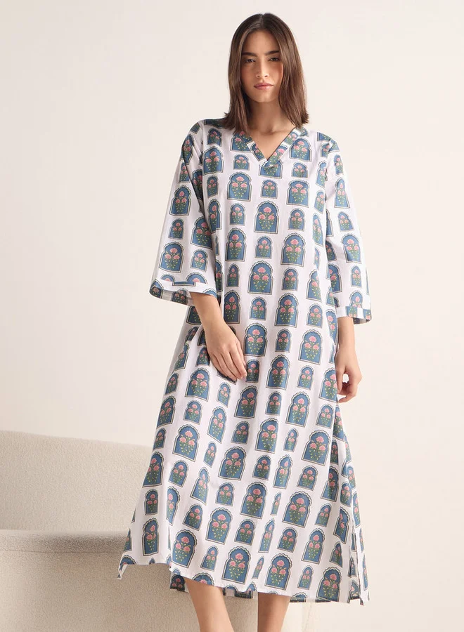Splash FAV Printed V-neck Night Dress with 3/4 Sleeves