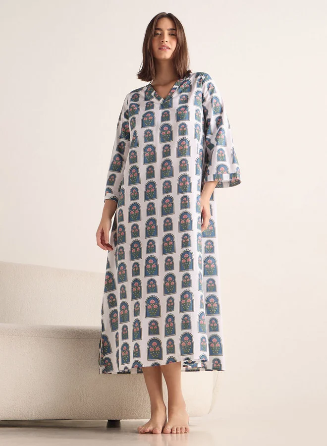 Splash FAV Printed V-neck Night Dress with 3/4 Sleeves