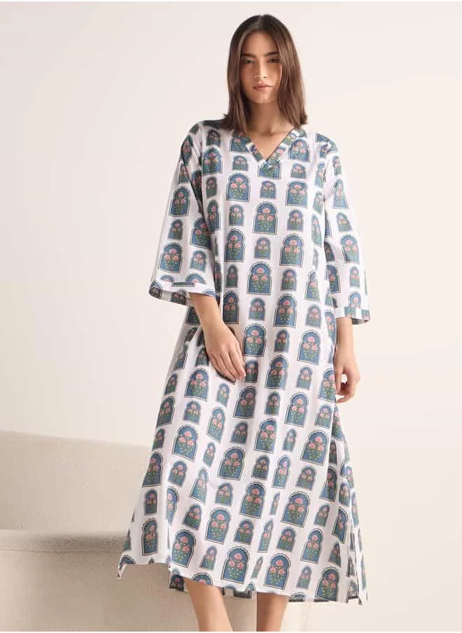 FAV Printed V-neck Night Dress with 3/4 Sleeves