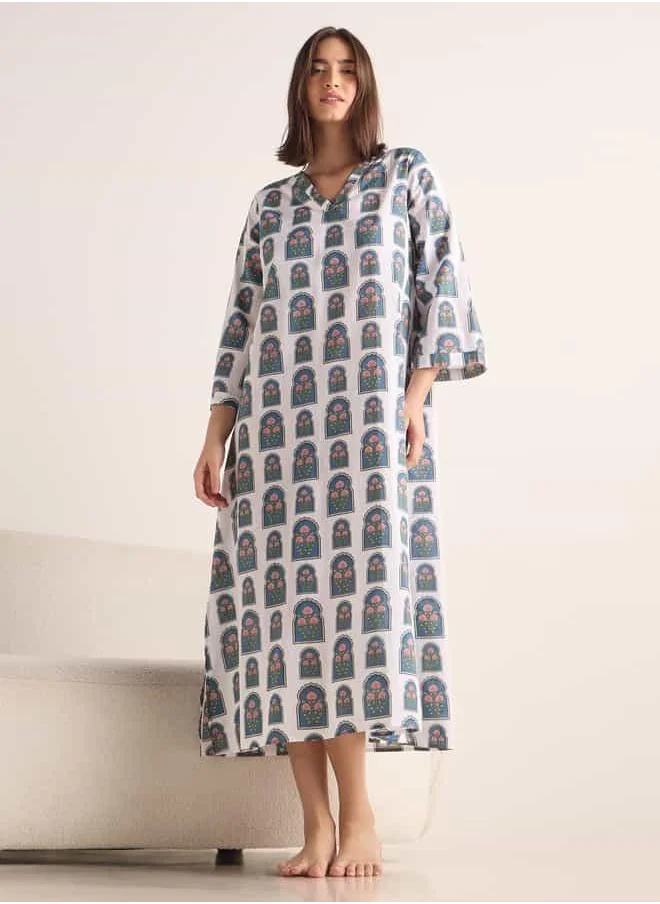FAV Printed V-neck Night Dress with 3/4 Sleeves