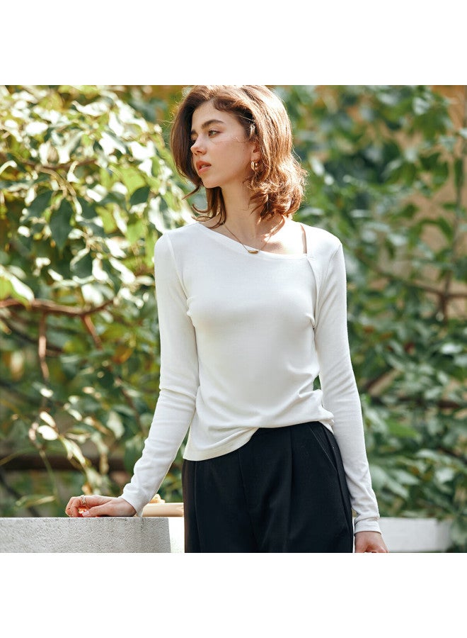 Olrain Women's Long Sleeve T-shirt Autumn Commuting Asymmetric Shoulder Slim Fit Top Off-white S - Image 1