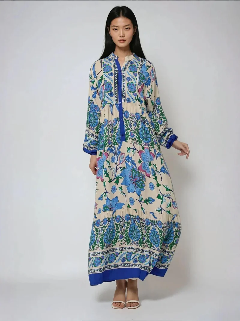 زوبعة فستان ماكسي منقوش بياقة قميص