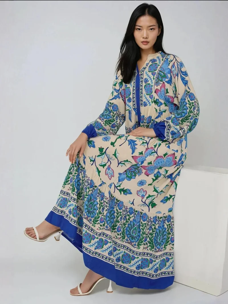 زوبعة فستان ماكسي منقوش بياقة قميص