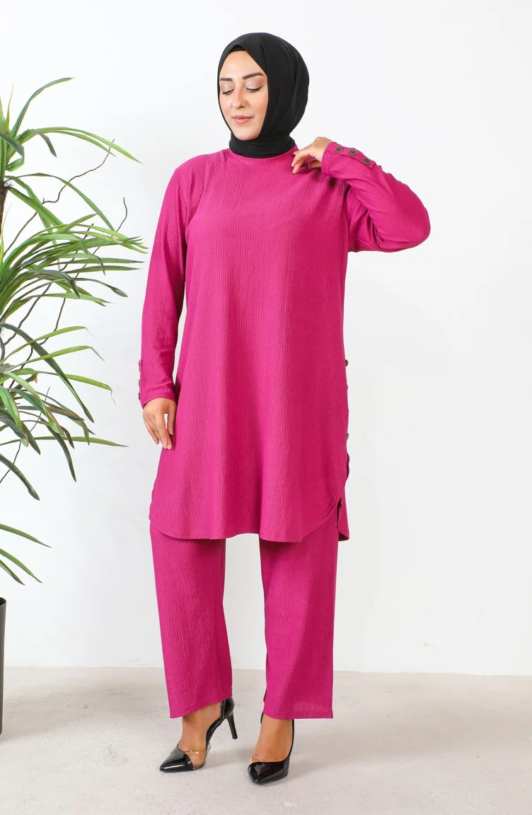 Sefa Merve Plus Size Stoned Tunic Trousers Two Piece Set 2658-05 Fuchsia