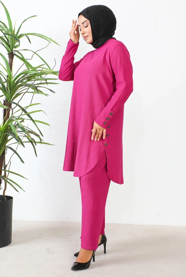 Sefa Merve Plus Size Stoned Tunic Trousers Two Piece Set 2658-05 Fuchsia