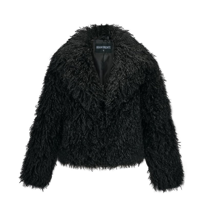 GRAN ORIENTE Women Burgundy Shaggy Cropped Jacket Coats,2024 Winter Fluffy Faux Fur Warm Long Sleeve Outerwear (GK093 Black, S) - Image 1
