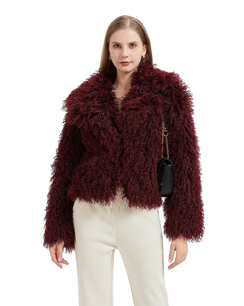 GRAN ORIENTE Women Burgundy Shaggy Cropped Jacket Coats,2024 Winter Fluffy Faux Fur Warm Long Sleeve Outerwear (GK093 Black, S) - Image 5