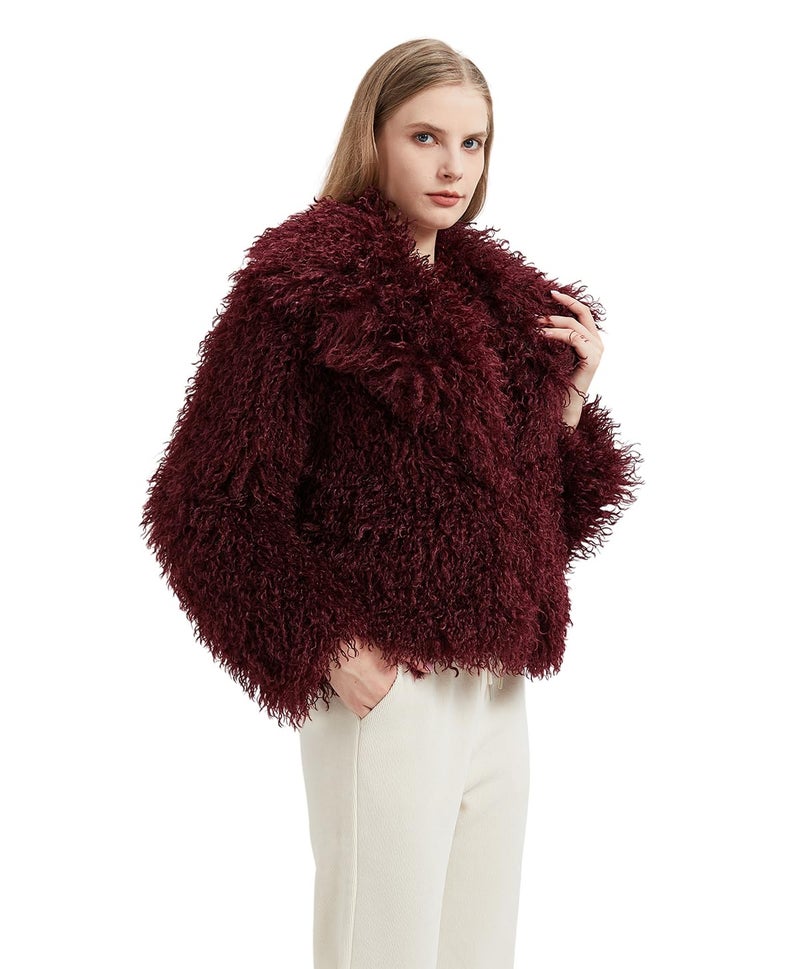 GRAN ORIENTE Women Burgundy Shaggy Cropped Jacket Coats,2024 Winter Fluffy Faux Fur Warm Long Sleeve Outerwear (GK093 Black, S) - Image 2