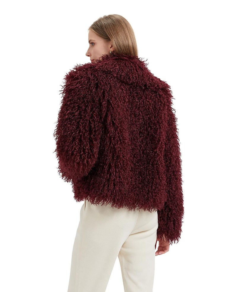 GRAN ORIENTE Women Burgundy Shaggy Cropped Jacket Coats,2024 Winter Fluffy Faux Fur Warm Long Sleeve Outerwear (GK093 Black, S) - Image 4