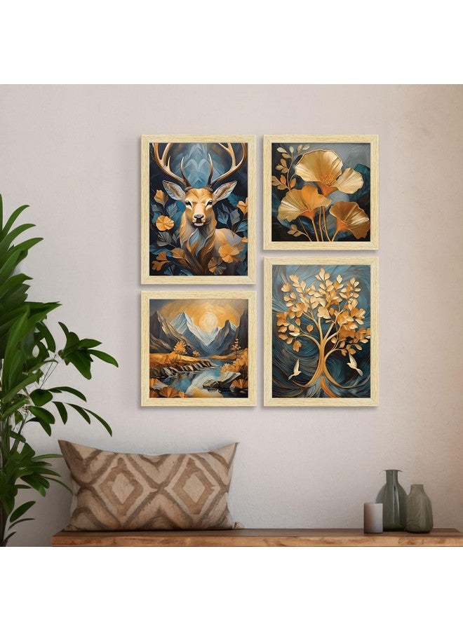 ArtX Paper Golden Deer Sunrise Scenery Flower Tree Art Paintings with Frame for Home Decor, Wall Painting for Living Room, Multicolor, Natural Wood Color Frames, Set of 4 - Image 3
