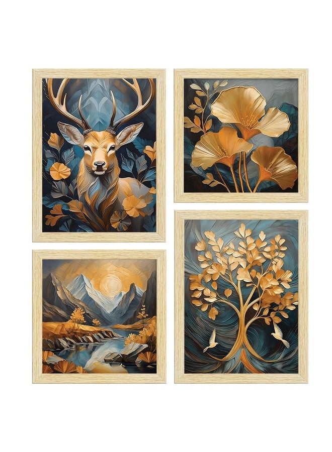 ArtX Paper Golden Deer Sunrise Scenery Flower Tree Art Paintings with Frame for Home Decor, Wall Painting for Living Room, Multicolor, Natural Wood Color Frames, Set of 4 - Image 2