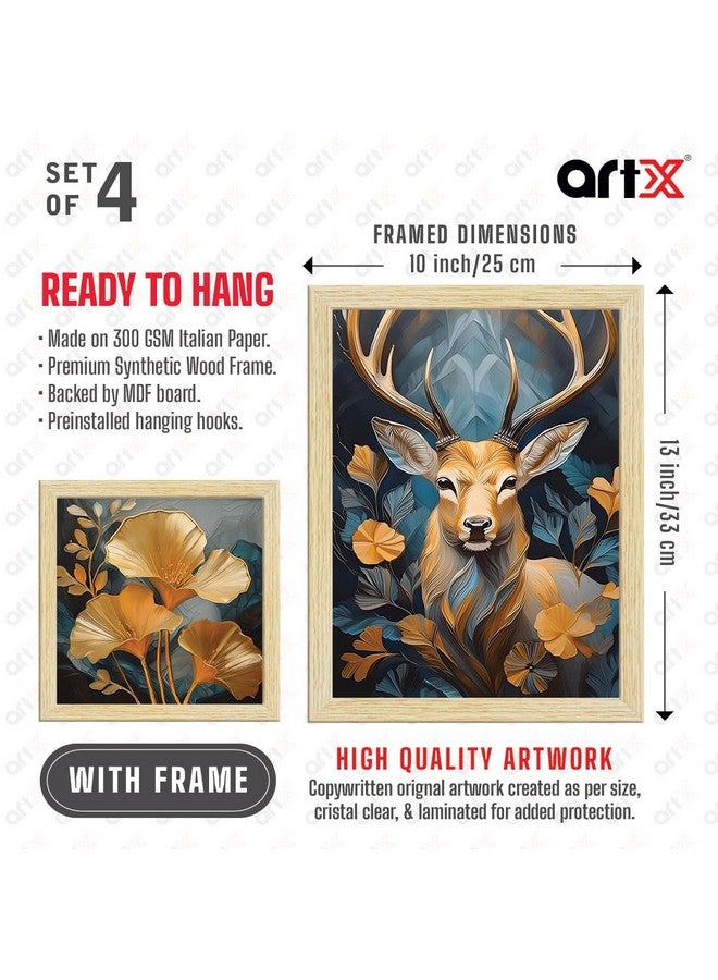 ArtX Paper Golden Deer Sunrise Scenery Flower Tree Art Paintings with Frame for Home Decor, Wall Painting for Living Room, Multicolor, Natural Wood Color Frames, Set of 4 - Image 4