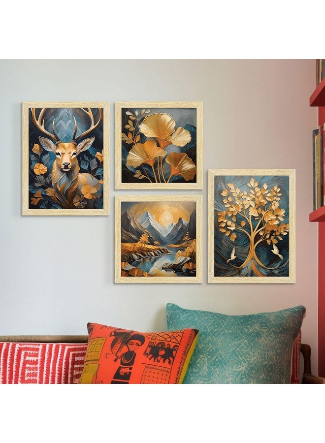 ArtX Paper Golden Deer Sunrise Scenery Flower Tree Art Paintings with Frame for Home Decor, Wall Painting for Living Room, Multicolor, Natural Wood Color Frames, Set of 4 - Image 1