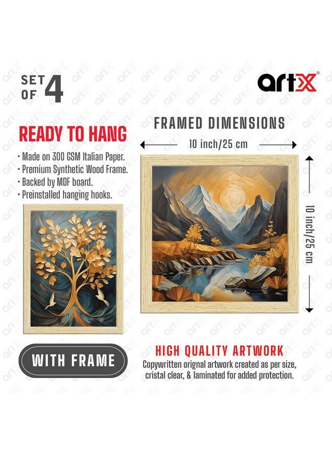 ArtX Paper Golden Deer Sunrise Scenery Flower Tree Art Paintings with Frame for Home Decor, Wall Painting for Living Room, Multicolor, Natural Wood Color Frames, Set of 4 - Image 5