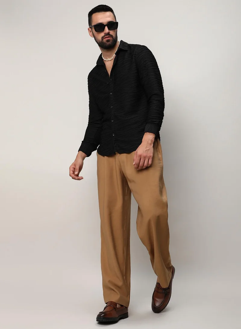 Campus Sutra Campus Sutra Men's Midnight Black Self-Design Wave Shirt For Casual Wear | Spread Collar | Long Sleeves | Button Closure | Shirt Crafted With Comfort Fit For Everyday Wear