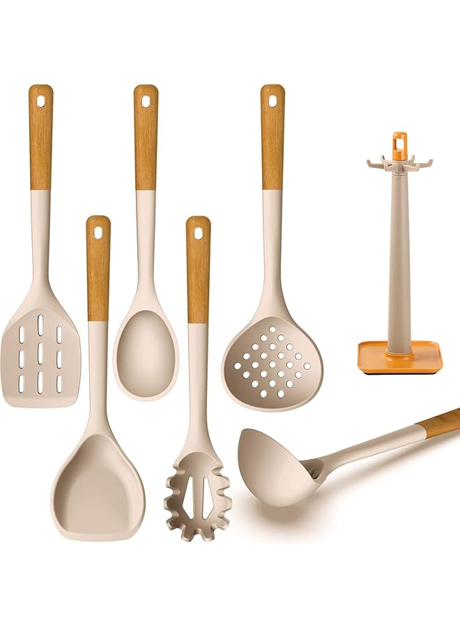 يو-هومي مجموعة أدوات طبخ من السيليكون مكونة من 7 قطع مع حامل للمطبخ، مجموعة أدوات مطبخ مقاومة بمقبض خشبي لأواني الطبخ غير اللاصقة، مجموعة أدوات طبخ، أدوات مطبخ خالية من مادة BPA - Image 1