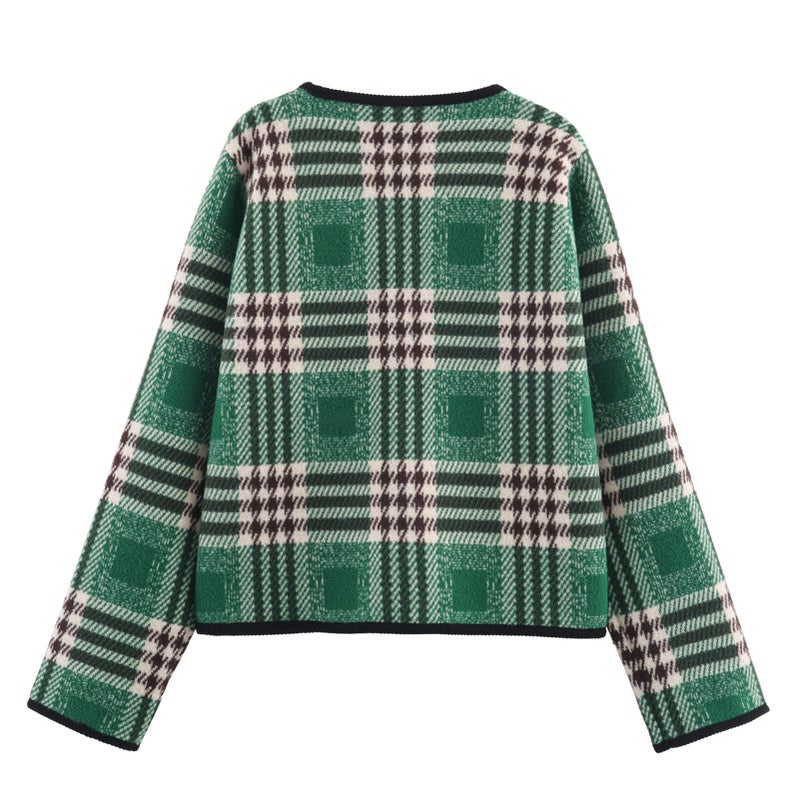 HOULENGS Womens Fall Winter Plaid Button Down Cardigan Sweaters Casual Long Sleeve Crew Neck Knit Blazer Jacket with Pockets DarkGreen Medium - Image 2