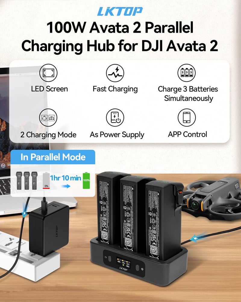 LKTOP 100W Replacement DJI Avata 2 Battery Charging Hub (2X Super Fast) Parallel USB-C Charger for DJI Avata 2 Drone Accessories, 60% Storage Mode, LED Screen Display (Charge 3 Batteries: 1hr 10min) - Image 2