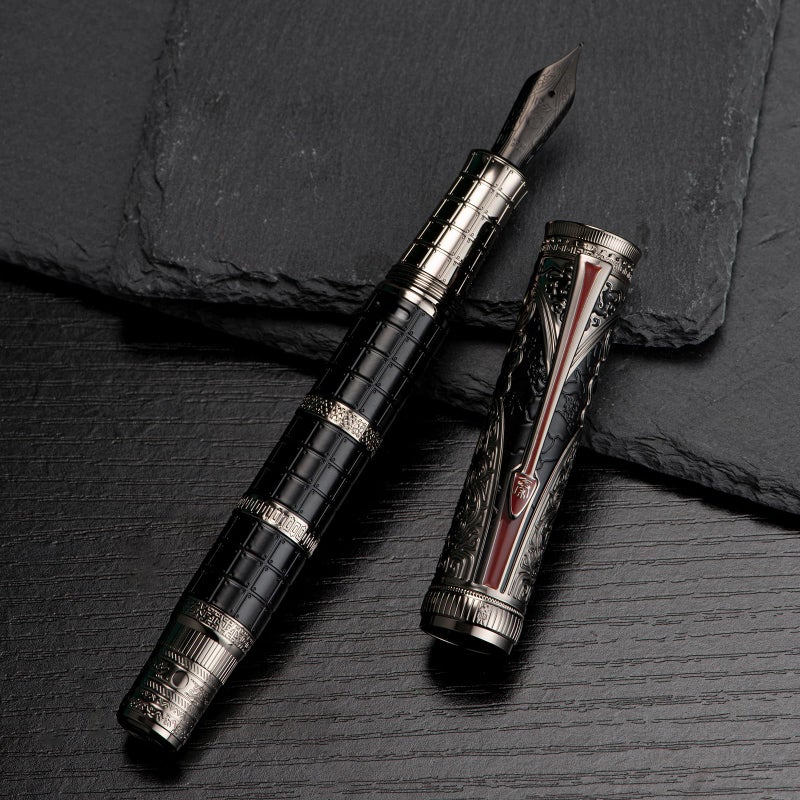 Asvine Hongdian D5X Fountain Pen Black Fine Nib, Qin Dynasty Retro Chinese Totem Engraving with Converter and Pen Box Set - Image 4