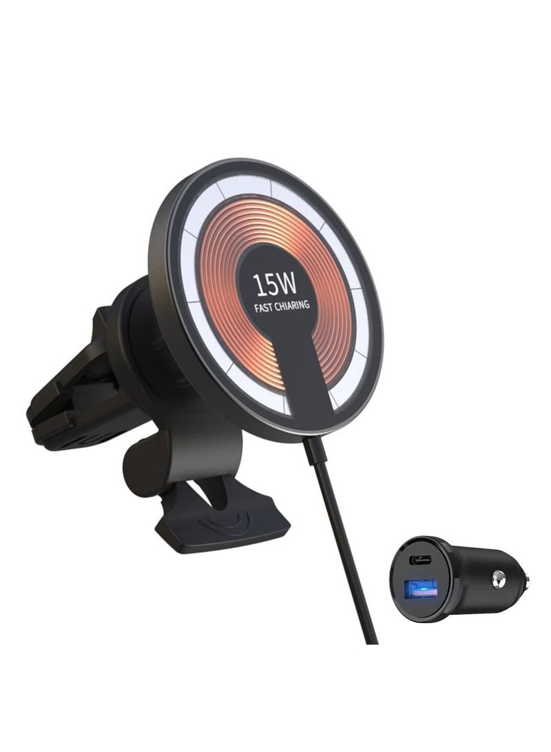 SYOSI Magnetic Wireless Car Charger, Wireless Car Charger for MagSafe iPhone, 15W Magnetic Pad Air Vent Holder with 20W QC Charger - Image 1