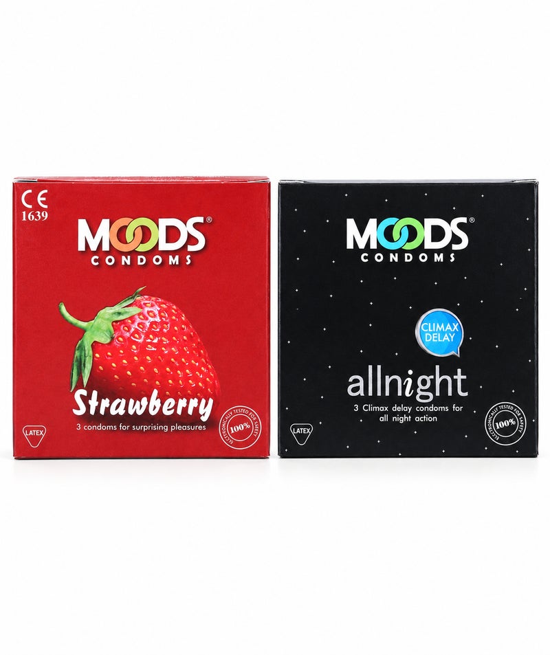All Night Delay + Strawberry Flavoured Condoms Combo, Natural Latex Barrier Protection, 6 Pieces