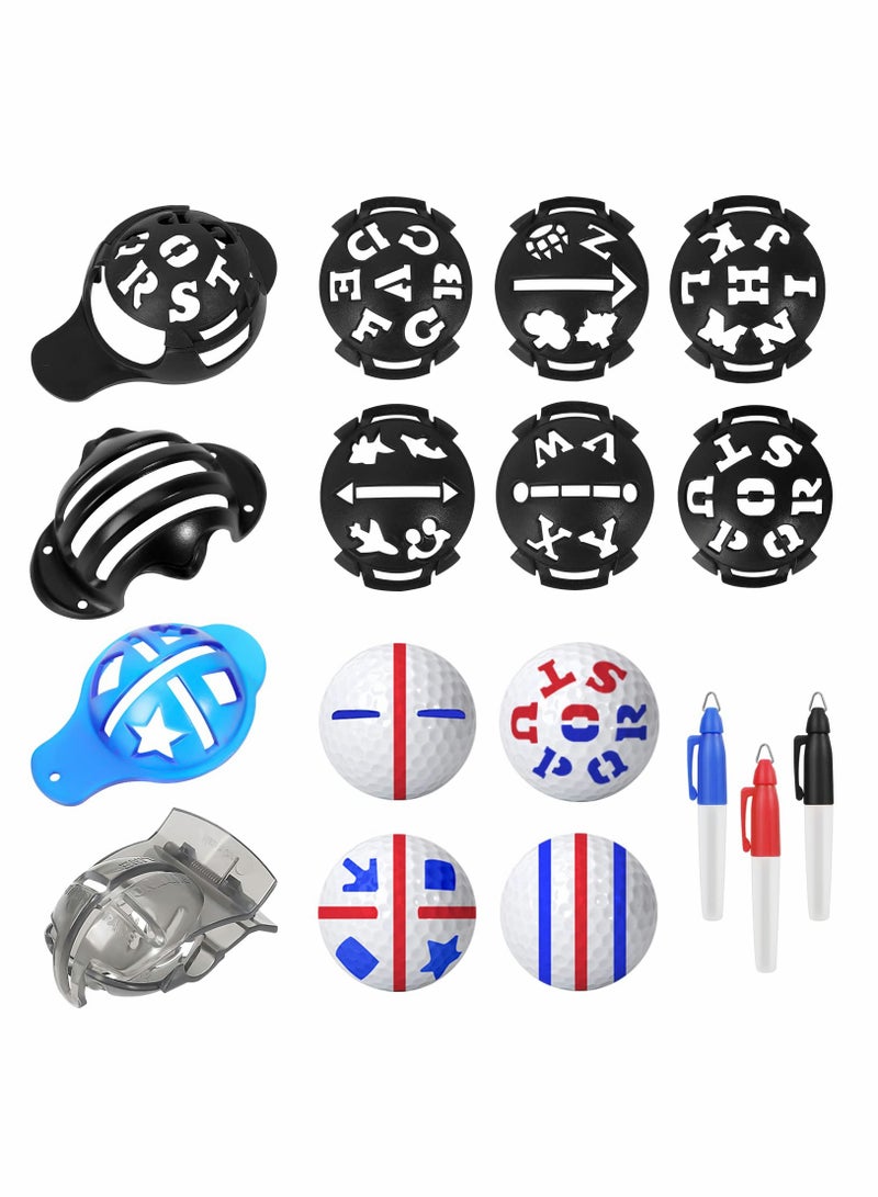 12-Piece Precision Golf Ball Marker Set: Includes 3 Marking Stencils, 6 Letter & Pattern Templates, 3 Colored Markers, and a Golf Ball Line Marking Tool for Alignment and Identification. - Image 1