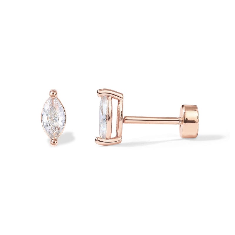 PAVOI 14K Rose Gold Plated Solid 925 Sterling Silver Post Cubic Zirconia Flat Back Earrings for Women | Marquise Cartilage Earring | Helix Piercing Jewelry | Small Stud Earrings - Image 1
