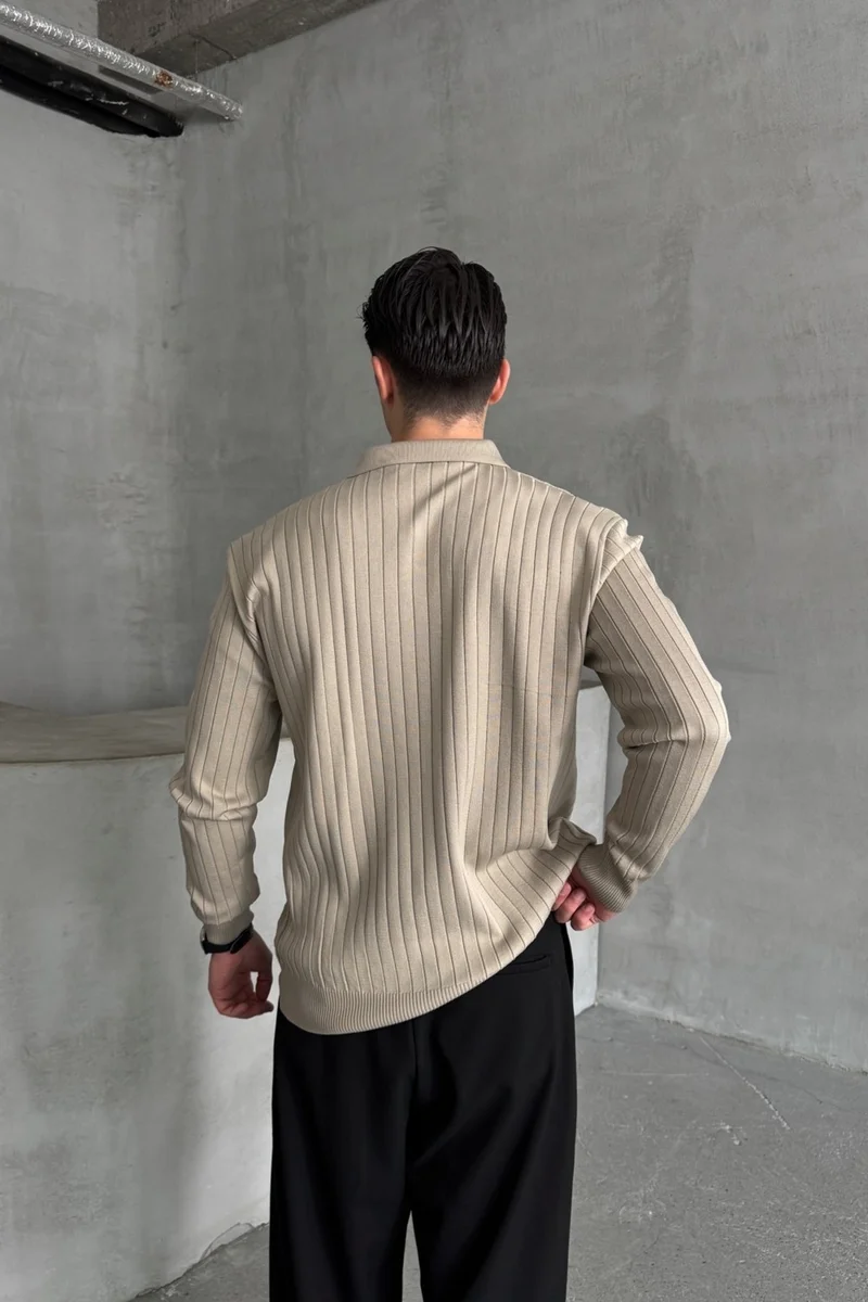 هايمان Men's Polo Collar Ribbed Oversize Knitwear Sweater