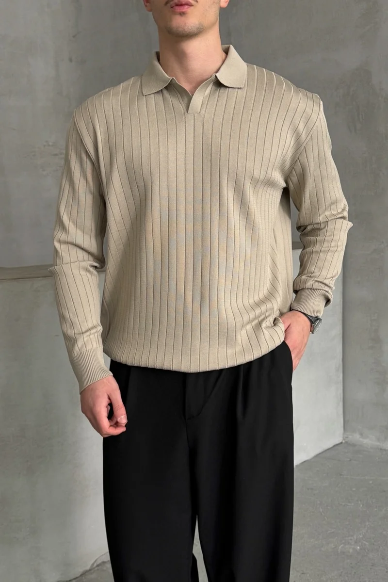 هايمان Men's Polo Collar Ribbed Oversize Knitwear Sweater