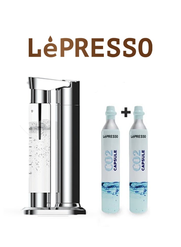 LePRESSO Sparkling Water Maker with 2+ Capsules & Slow-Fast Releasing System / Dual Bottle Support 500ml-350ml / Explosion-Proof Pet BPA Free / Co2 Chargers / CO2 Capsule Compatible / Easy to Clean - Silver - Image 1