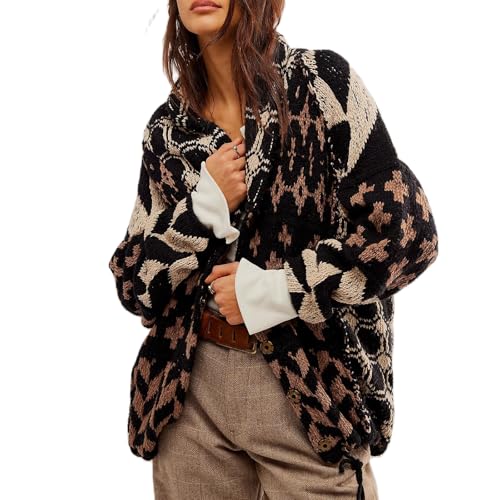 Yuemengxuan Cardigan Sweaters for Women Button Down Shawl Collar Oversized Sweater Coats Y2k Print Cardigans Fall Fashion, Coffee, One Size - Image 1