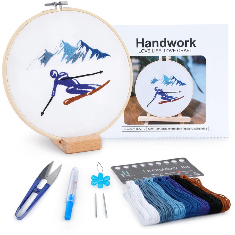 BERYA Embroidery Kit for Adult Beginners,Skiers Snow Mountain Embroidery Kit with Step-by-Step Instructions & Video,Printed Cloth,7.87" Hoop,Display Stand,Color Threads and Tools for Craft Lover(BES012) - Image 1