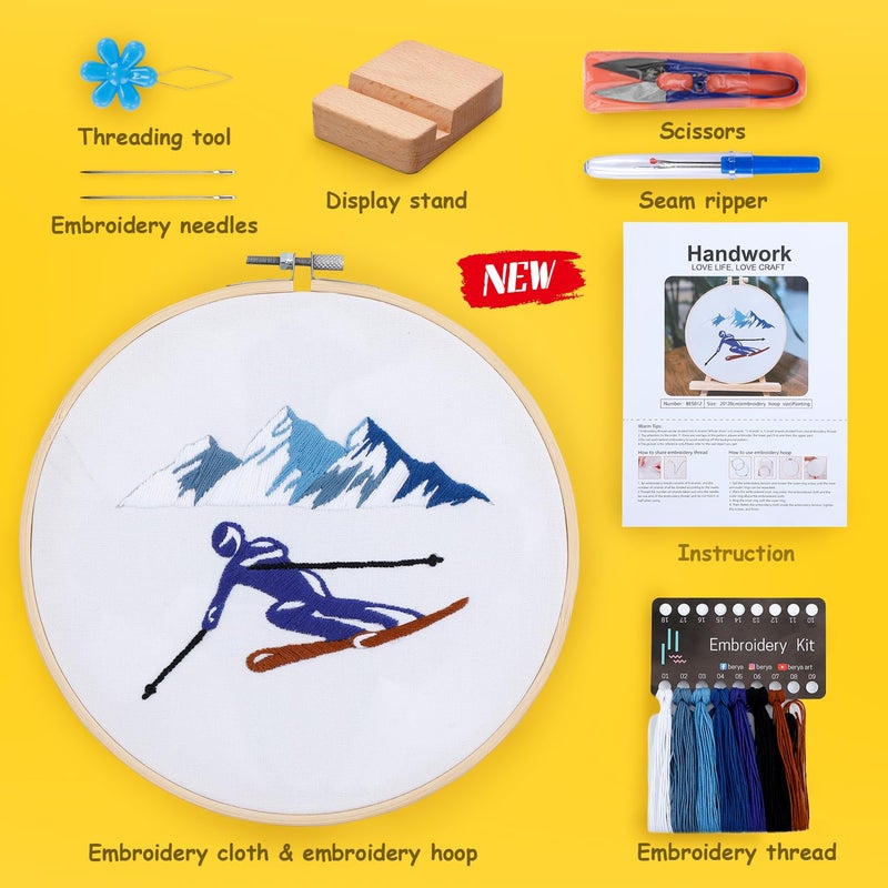 BERYA Embroidery Kit for Adult Beginners,Skiers Snow Mountain Embroidery Kit with Step-by-Step Instructions & Video,Printed Cloth,7.87" Hoop,Display Stand,Color Threads and Tools for Craft Lover(BES012) - Image 2
