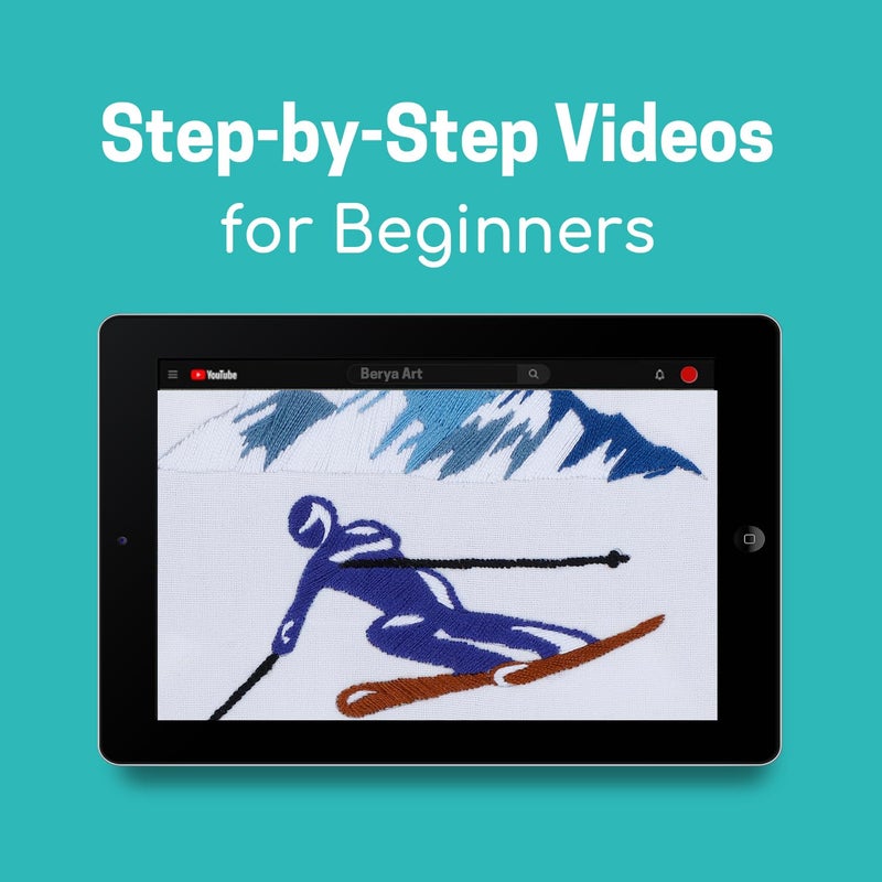 BERYA Embroidery Kit for Adult Beginners,Skiers Snow Mountain Embroidery Kit with Step-by-Step Instructions & Video,Printed Cloth,7.87" Hoop,Display Stand,Color Threads and Tools for Craft Lover(BES012) - Image 4