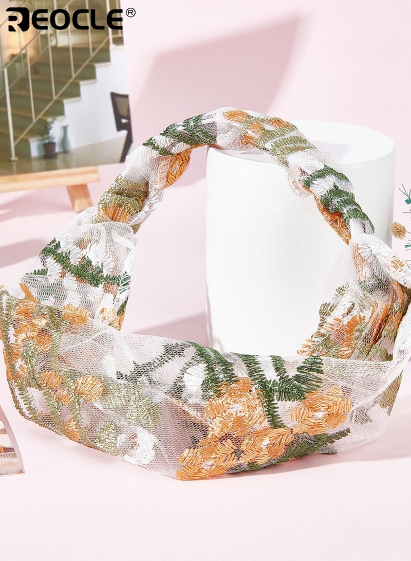 REOCLE Women's Headband Lightweight Mesh Knot-Front with Floral Embroidery & Branch Motifs Soft Comfortable Hair Accessory with Textured Stitching for Daily Styling & Casual Outings - Image 4