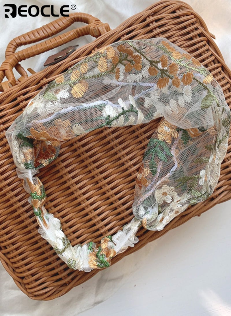REOCLE Women's Headband Lightweight Mesh Knot-Front with Floral Embroidery & Branch Motifs Soft Comfortable Hair Accessory with Textured Stitching for Daily Styling & Casual Outings - Image 5
