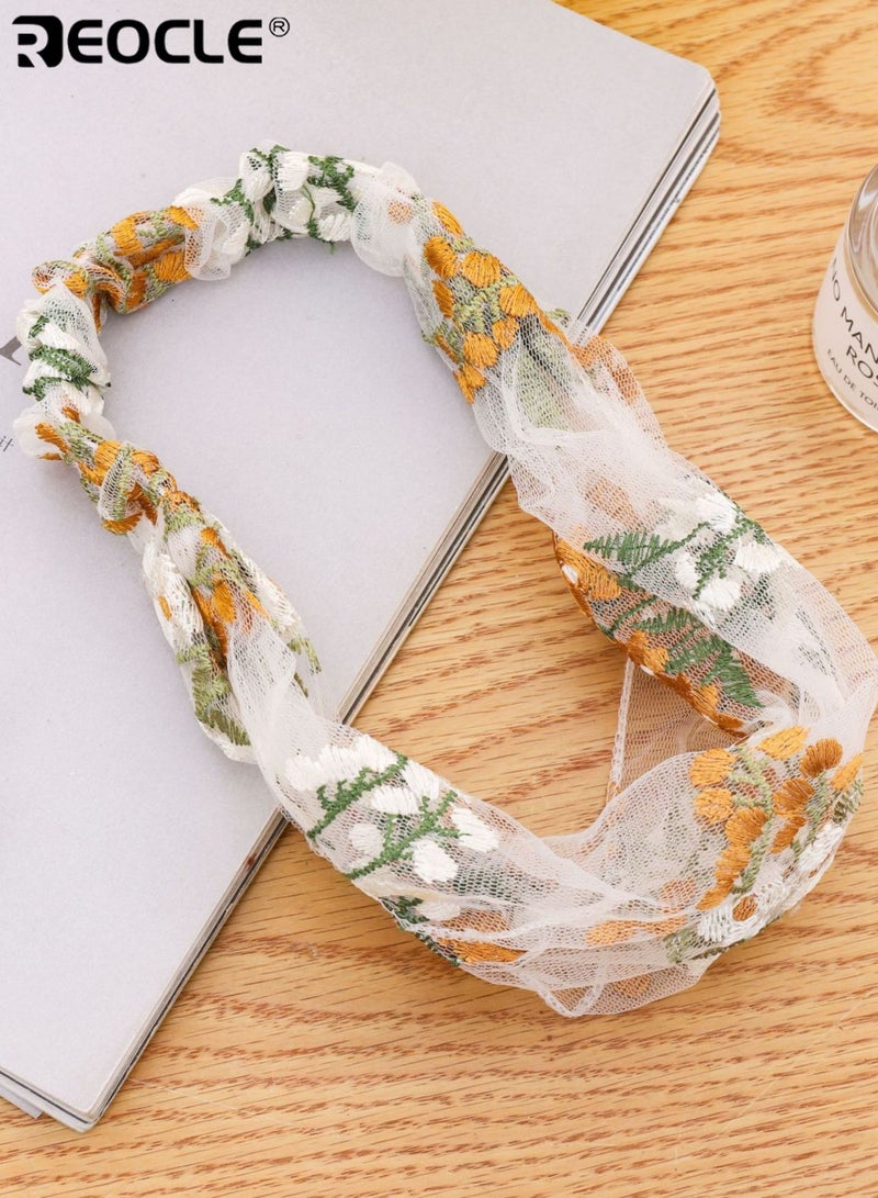 REOCLE Women's Headband Lightweight Mesh Knot-Front with Floral Embroidery & Branch Motifs Soft Comfortable Hair Accessory with Textured Stitching for Daily Styling & Casual Outings - Image 2