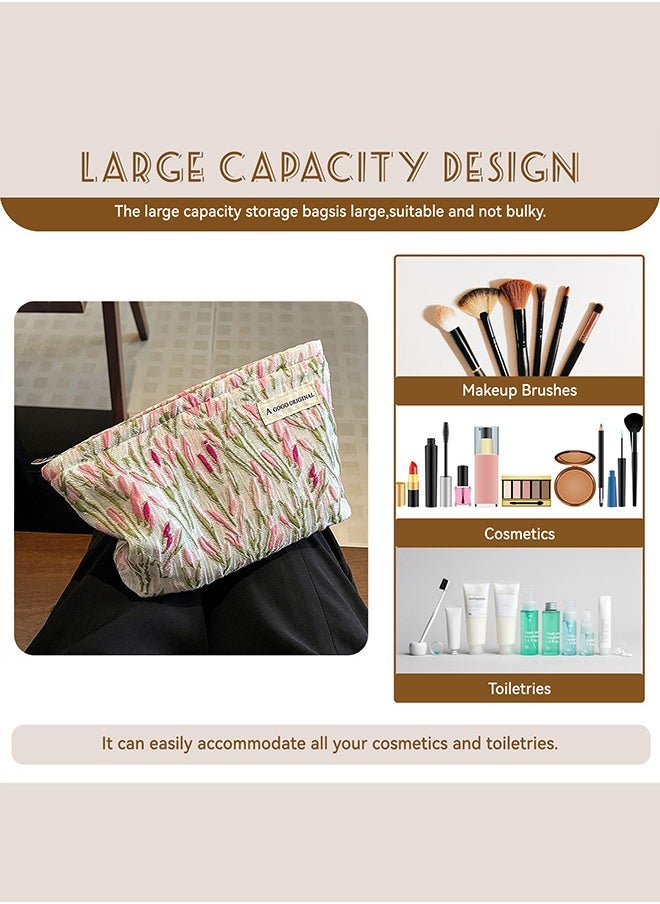 A GOGO ORIGINAL - Make Up Bag, Zipper Cosmetic Bag,Portable Toiletry Organizer Bag For Women, Large Capacity Pouch Storage Bags For Travel,Makeup Case Organizer,Canvas Flowers Skincare Pouch Bag (Pink-willow branch) - Image 1