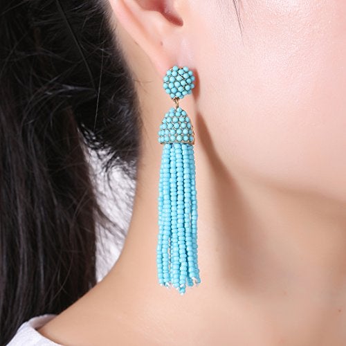 NLCAC Women's Beaded tassel earrings Long Fringe Drop Earrings Dangle Turquoise - Image 2