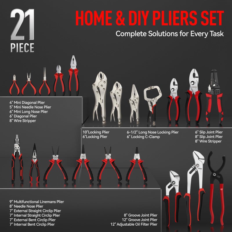 DISEN Pliers Set, 21 Pieces Full Assortment of Plier with EVA, Versatile Pliers Tool Set for Plyers Ideal as Home Use, Holiday, Fathers' Day Gift - Image 2