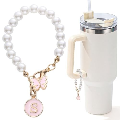 LUHOHI Accessories for Stanley Cup Pearl Chain Initial Accessoriess for Handle Stuff Decor Water Bottle Jewelry Tumbler Cute Simple Modern Personalized Name ID Decorations Letter Pink Tag S - Image 1