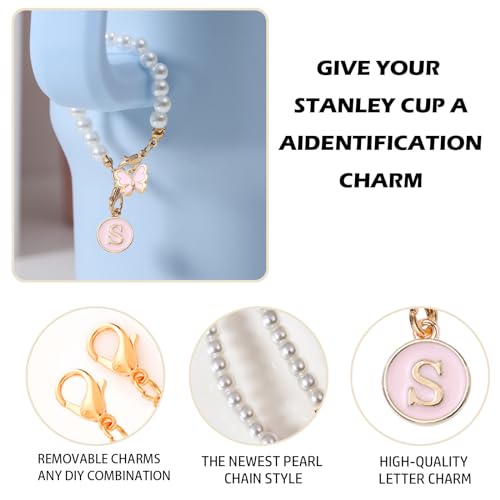 LUHOHI Accessories for Stanley Cup Pearl Chain Initial Accessoriess for Handle Stuff Decor Water Bottle Jewelry Tumbler Cute Simple Modern Personalized Name ID Decorations Letter Pink Tag S - Image 3