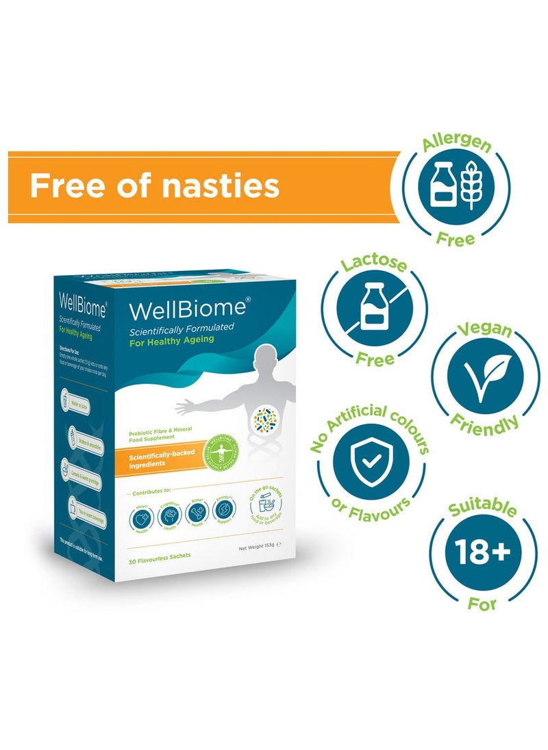 OptiBiotix - WellBiome For Healthy Ageing Prebiotic Fibre Complex Supports Gut Health & Growth of Healthy Bacteria, Vegan 30 Unflavored Sachets - Image 1