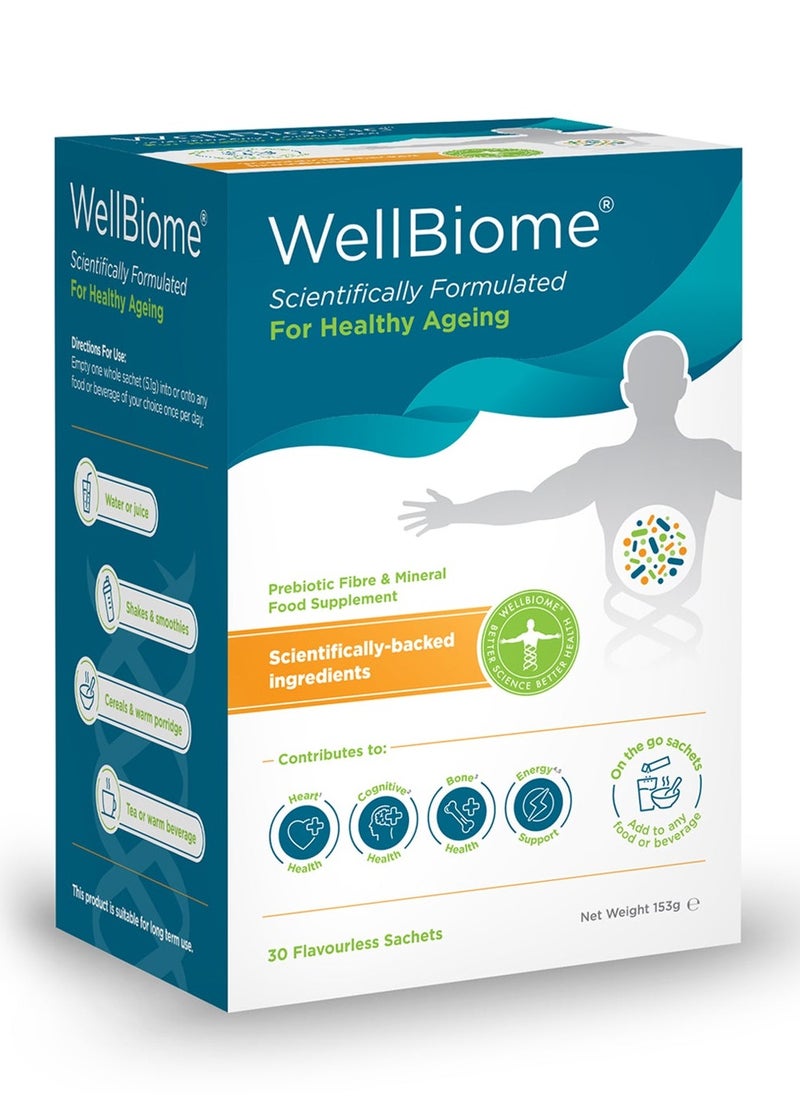 OptiBiotix - WellBiome For Healthy Ageing Prebiotic Fibre Complex Supports Gut Health & Growth of Healthy Bacteria, Vegan 30 Unflavored Sachets - Image 1