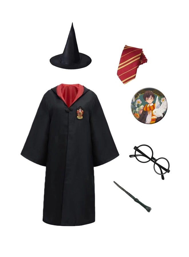 Harry Potter Harry Potter Costume 6PCS Potter COS Performing Costume Wizard School Robe, Wand, Tie, Hat,Glasses and Badge,Kit Gift for Boys and Girls School Costume Robe  - Image 1