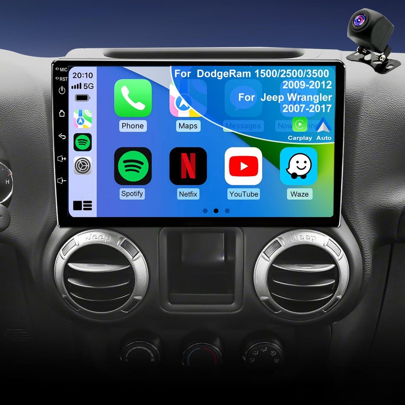 Aitrenlu 5GWIFI Upgrade Car Radio for Jeep Wrangler JK 2007-2017, Dodge Ram 1500/2500/3500 2009-2012, Compass Patriot 2009-2016, Touch Screen Car Stereo 10inch Wireless Carplay Android Auto GPS FM Bluetooth - Image 1